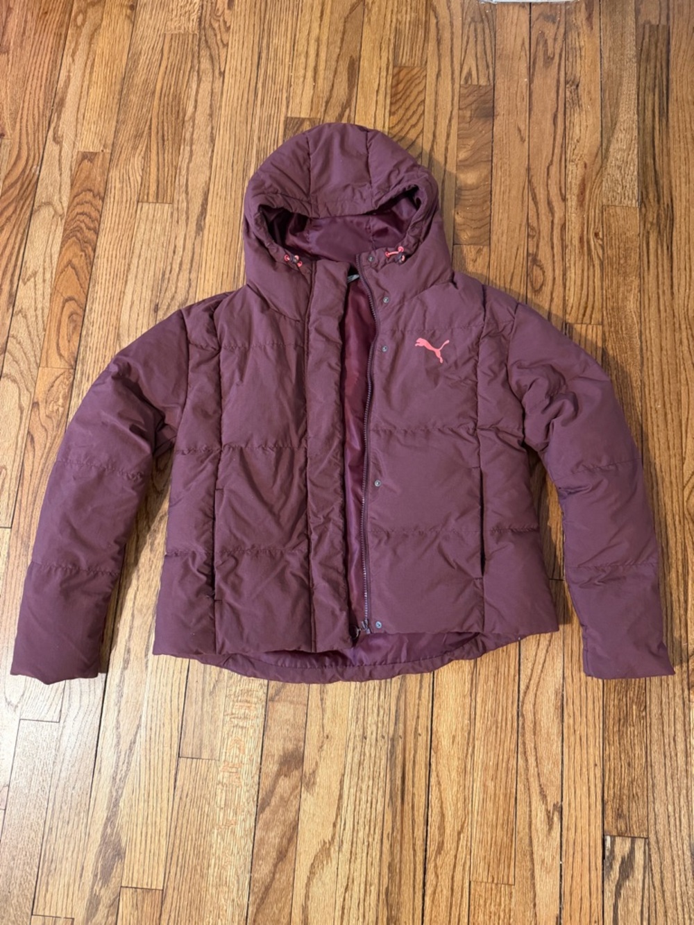 Puma Maroon Hooded Puffer Jacket with Pink Logo